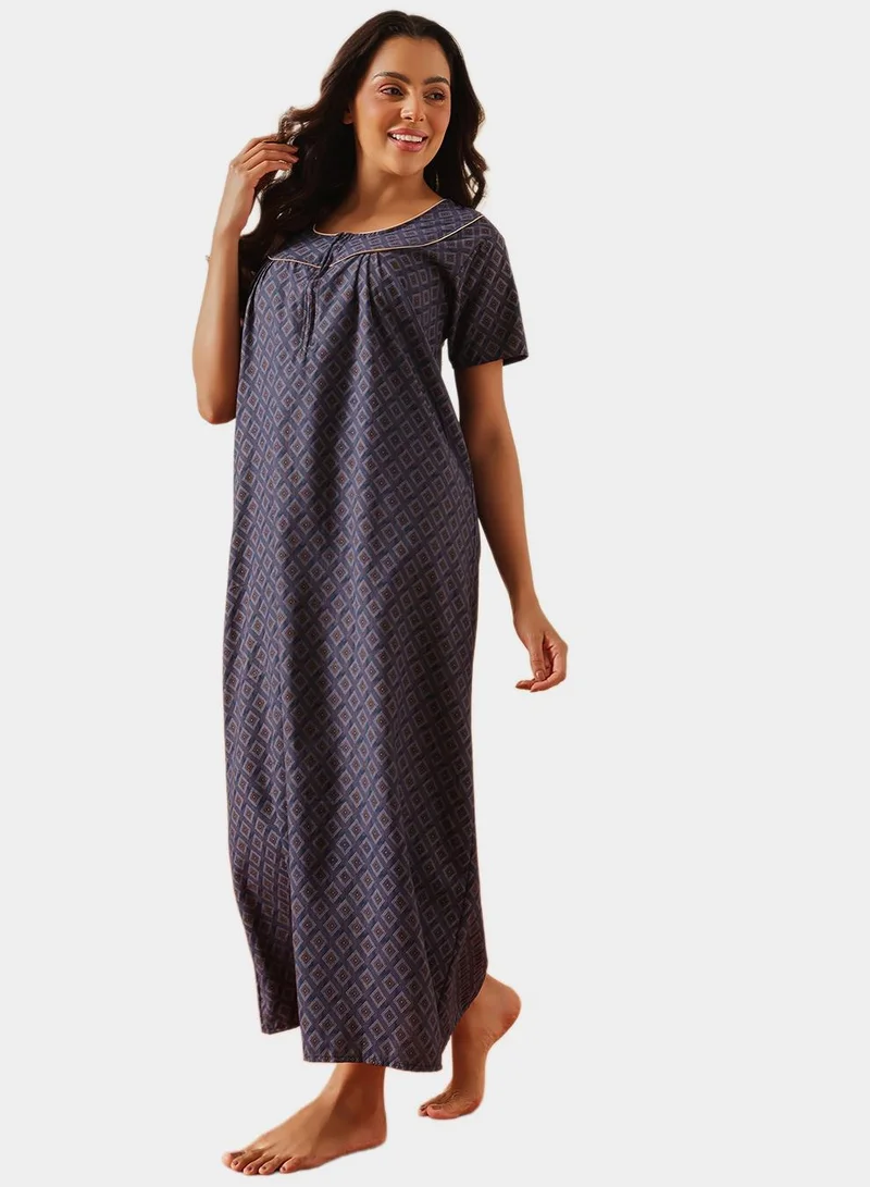 كلوفيا Geometric Print Long Nighty in Navy Colour - Cotton